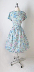 Vintage 50's Aqua Pink Blue Rose Buckle Back Full Swing Skirt Tea Party Dress M - Bombshell Bettys Vintage