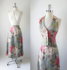 • 40's 70's Roses Barkcloth High Waist Skirt Halter Vest Top Dress 2 Piece Set XS - Bombshell Bettys Vintage
