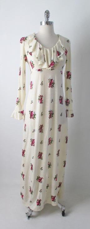 • Vintage 70's Antique White Renn Revival Birds Poet Dress M - Bombshell Bettys Vintage