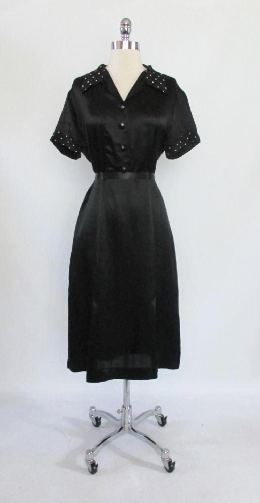 Vintage 30's Black Satin White Polka Dot Rayon Day Dress L - Bombshell Bettys Vintage