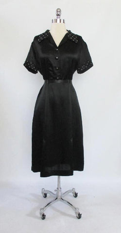 Vintage 30's Black Satin White Polka Dot Rayon Day Dress L
