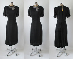 Vintage 40's Black Rayon Rhinestone Bustle Back Evening Party Dress NOS S - Bombshell Bettys Vintage