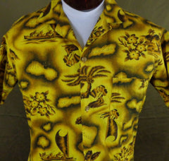 Vintage Prince Kuhio Yellow Hibiscus Hula Girl Tiki Hawaiian Shirt - Medium - Bombshell Bettys Vintage