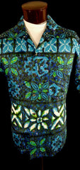 Vintage Mid Century Blue Likeke Tribal Style Floral Print Hawaiian Shirt 48 - Bombshell Bettys Vintage