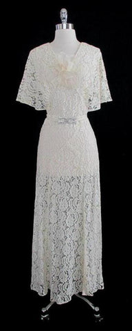 Vintage 30's Antique White Lace Wedding Special Occasion Gown Dress M