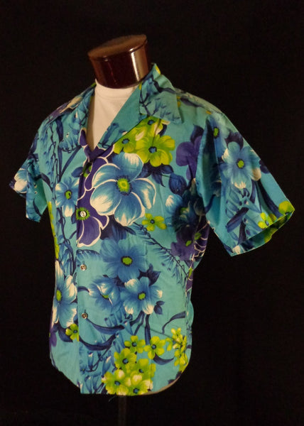 Vintage Hawaii Resort Shops Hawaiian Shirt 50s Blue and Green
