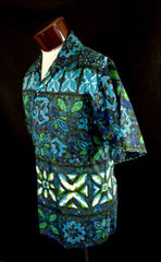 Vintage Mid Century Blue Likeke Tribal Style Floral Print Hawaiian Shirt 48 - Bombshell Bettys Vintage