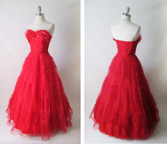 • Vintage 50's Red Strapless Full Skirt Party Dress Gown XS - Bombshell Bettys Vintage