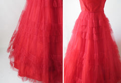 • Vintage 50's Red Strapless Full Skirt Party Dress Gown XS - Bombshell Bettys Vintage