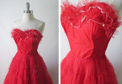 • Vintage 50's Red Strapless Full Skirt Party Dress Gown XS - Bombshell Bettys Vintage