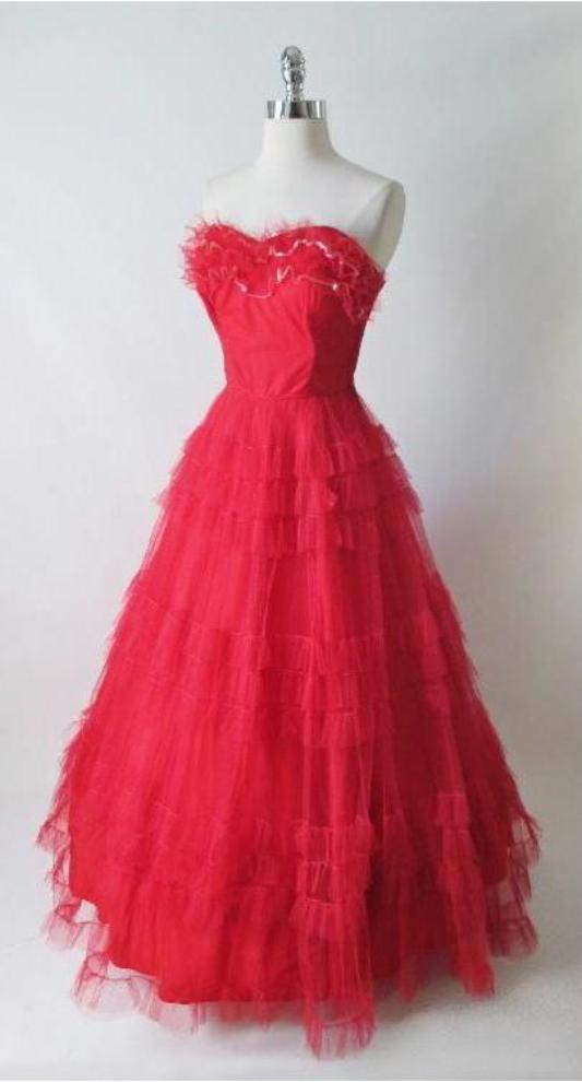 • Vintage 50's Red Strapless Full Skirt Party Dress Gown XS - Bombshell Bettys Vintage