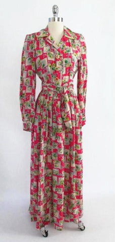 Vintage 1940's Novelty Print Rayon Robe Dressing Gown With Tags M