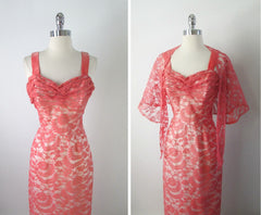 Vintage 50's Pink Lace Mermaid Hem Party Dress Matching Wrap Gown S - Bombshell Bettys Vintage