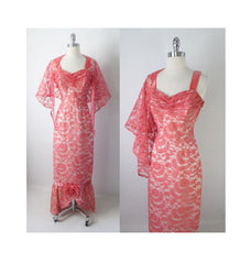Vintage 50's Pink Lace Mermaid Hem Party Dress Matching Wrap Gown S - Bombshell Bettys Vintage