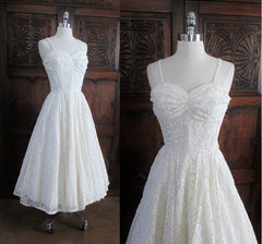 • Vintage 40's White Lace Full Skirt Halter Dress S - Bombshell Bettys Vintage