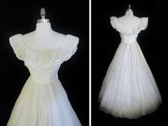 Vintage 40's Sheer White Organdy Full Skirt Evening Wedding Gown Party Dress S - Bombshell Bettys Vintage