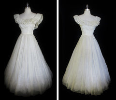 Vintage 40's Sheer White Organdy Full Skirt Evening Wedding Gown Party Dress S - Bombshell Bettys Vintage