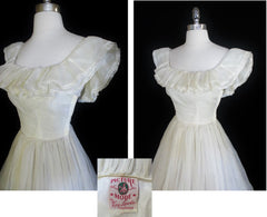 Vintage 40's Sheer White Organdy Full Skirt Evening Wedding Gown Party Dress S - Bombshell Bettys Vintage