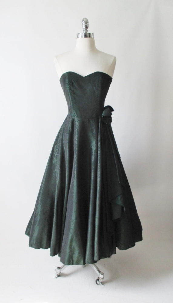 Vintage 90's Laura Ashley Strapless Green Floral Taffeta Party Dress Autumn/Winter 1990 XS - Bombshell Bettys Vintage