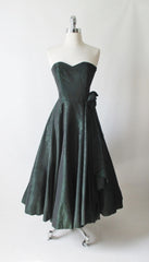 Vintage 90's Laura Ashley Strapless Green Floral Taffeta Party Dress Autumn/Winter 1990 XS - Bombshell Bettys Vintage