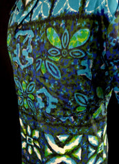 Vintage Mid Century Blue Likeke Tribal Style Floral Print Hawaiian Shirt 48 - Bombshell Bettys Vintage