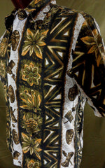 Vintage 60s Ui-Maikai Tribal Tiki Print Hawaiian Aloha Shirt 46 - Bombshell Bettys Vintage