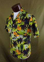 Rare Vintage Waikiki 76 Green Tiki Beach Scene Print Hawaiian Aloha Shirt – M - Bombshell Bettys Vintage