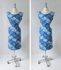 Vintage Early 50's Surfriders Blue Fish Palm Tree Hawaiian Sheath Day Dress M - Bombshell Bettys Vintage