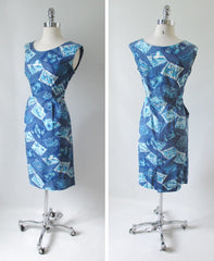 Vintage Early 50's Surfriders Blue Fish Palm Tree Hawaiian Sheath Day Dress M - Bombshell Bettys Vintage
