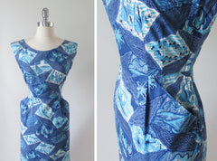 Vintage Early 50's Surfriders Blue Fish Palm Tree Hawaiian Sheath Day Dress M - Bombshell Bettys Vintage