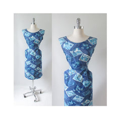Vintage Early 50's Surfriders Blue Fish Palm Tree Hawaiian Sheath Day Dress M - Bombshell Bettys Vintage