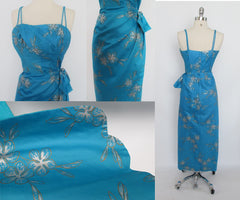 Vintage 50's 60's Blue Silver Hawaiian Sarong Dress Gown Matching Wrap Shawl L - Bombshell Bettys Vintage