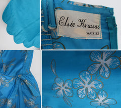 Vintage 50's 60's Blue Silver Hawaiian Sarong Dress Gown Matching Wrap Shawl L - Bombshell Bettys Vintage