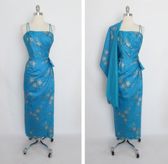Vintage 50's 60's Blue Silver Hawaiian Sarong Dress Gown Matching Wrap Shawl L - Bombshell Bettys Vintage
