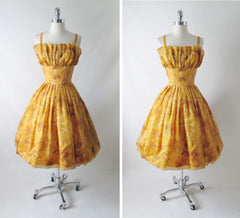 Vintage 60's / 50's Golden Flower Full Skirt Party Dress S - Bombshell Bettys Vintage