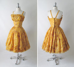 Vintage 60's / 50's Golden Flower Full Skirt Party Dress S - Bombshell Bettys Vintage