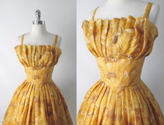 Vintage 60's / 50's Golden Flower Full Skirt Party Dress S - Bombshell Bettys Vintage
