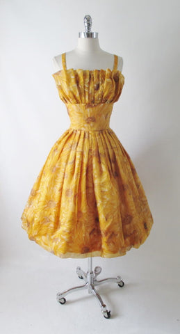 Vintage 60's / 50's Golden Flower Full Skirt Party Dress S