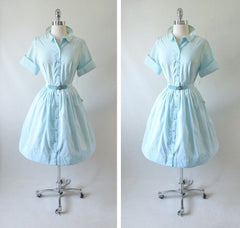 • Vintage 50's 60's Blue Square Full Skirt Shirtwaist Day Dress NOS - Bombshell Bettys Vintage