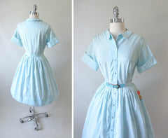 • Vintage 50's 60's Blue Square Full Skirt Shirtwaist Day Dress NOS - Bombshell Bettys Vintage