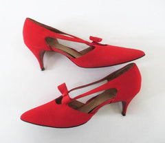 Vintage 50's 60's Red Heels Bow Accent Pumps Shoes 10 N - Bombshell Bettys Vintage