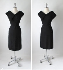 • Vintage 50's Black Kimberly Knits Big Collar Fitted Knit Wiggle Sweater Dress M - Bombshell Bettys Vintage