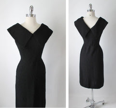• Vintage 50's Black Kimberly Knits Big Collar Fitted Knit Wiggle Sweater Dress M - Bombshell Bettys Vintage