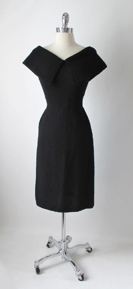 • Vintage 50's Black Kimberly Knits Big Collar Fitted Knit Wiggle Sweater Dress M - Bombshell Bettys Vintage