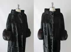 Vintage Black Velvet Fox Fur Evening Swing Coat M  L - Bombshell Bettys Vintage