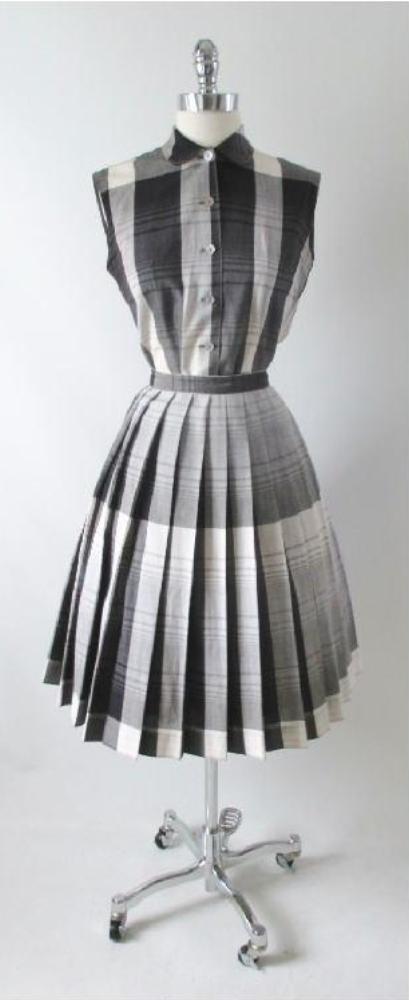 Vintage 50's Black White Grey Plaid Blouse Skirt Set S - Bombshell Bettys Vintage