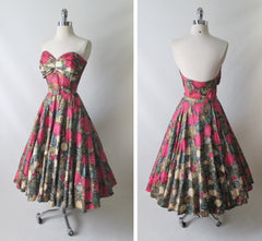 Vintage 50's Handpainted Gold Pink Flower Strapless Full Circle Skirt Dress S - Bombshell Bettys Vintage