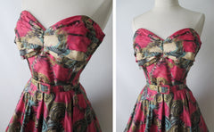 Vintage 50's Handpainted Gold Pink Flower Strapless Full Circle Skirt Dress S - Bombshell Bettys Vintage