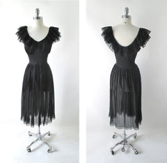 Vintage 50's Sheer Black Ruffled Nighty Nightgown M - Bombshell Bettys Vintage