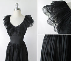 Vintage 50's Sheer Black Ruffled Nighty Nightgown M - Bombshell Bettys Vintage
